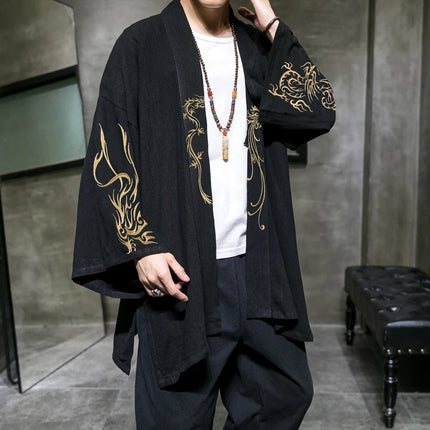 Trench da uomo ricamato in cotone Hanfu Lino Abito stile cinese Giacca cardigan Casual Kimono oversize 5XL Cappotto antico maschile