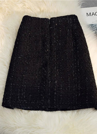 Women's Mid-Length/Short White Black Tweed High-Waist Woolen A-Line Autumn Winter Fragrant Silk Skirt PlatiNum