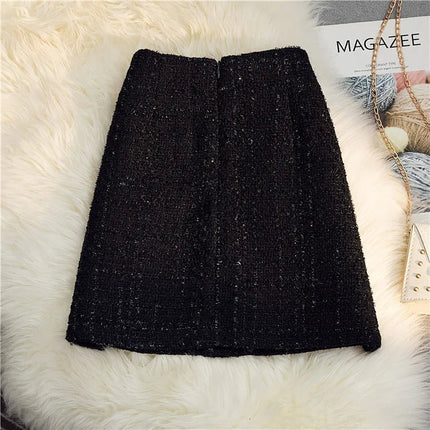 Women's Mid-Length/Short White Black Tweed High-Waist Woolen A-Line Autumn Winter Fragrant Silk Skirt PlatiNum