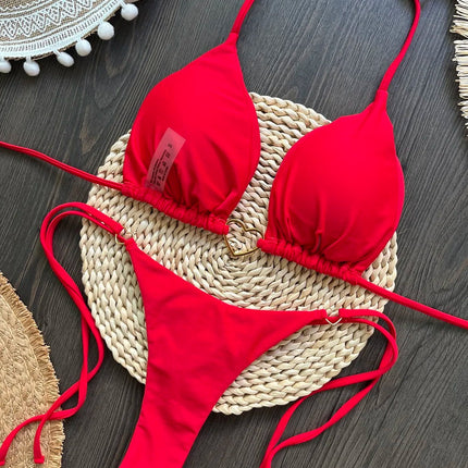 Costume da bagno bikini sexy da donna a tinta unita, due pezzi, rosso platinumshop