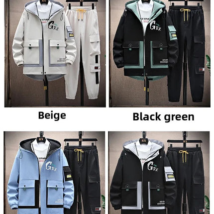 Spring Casual Men Sets Two Pieces Fashion Korean Trend Hooded Jacket + Pants Autumn Baseball Uniform Suit Man Outfit