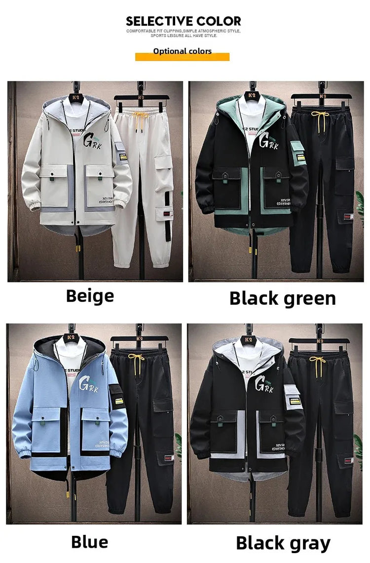 Spring Casual Men Sets Two Pieces Fashion Korean Trend Hooded Jacket + Pants Autumn Baseball Uniform Suit Man Outfit