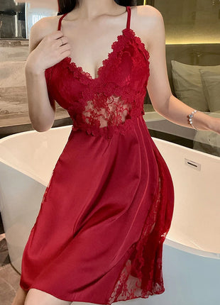 2025 nuova camicia da notte sexy canotta da donna in pizzo indumenti da notte per la casa in raso co
