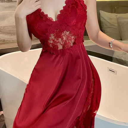 2025 nuova camicia da notte sexy canotta da donna in pizzo indumenti da notte per la casa in raso con scollo a V profondo backless canotta di lusso indumenti da notte plus size rosso nero