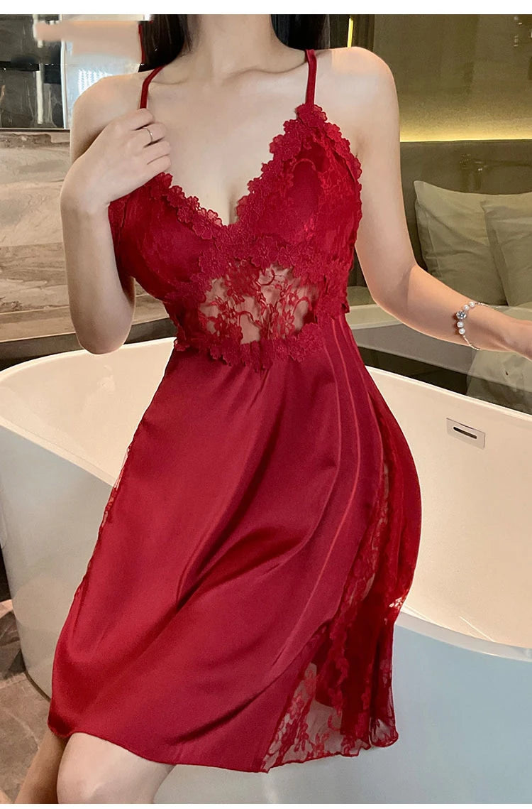 2025 nuova camicia da notte sexy canotta da donna in pizzo indumenti da notte per la casa in raso co