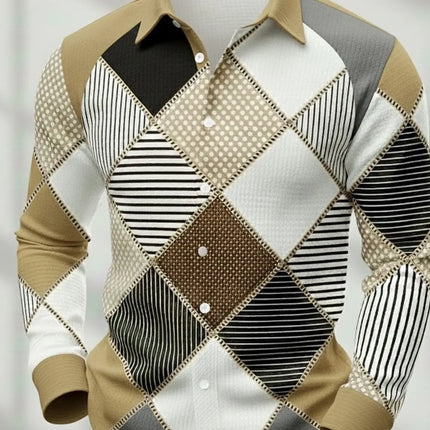 Men's Retro Patchwork Plaid Long-Sleeve Shirt, Casual Button-Down Top, Stylish Daily Office/Streetwear Shirt