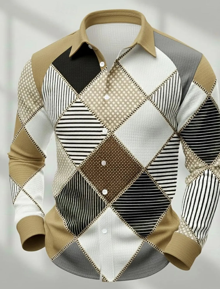 Men's Retro Patchwork Plaid Long-Sleeve Shirt, Casual Button-Down Top, Stylish Daily Office/Streetwear Shirt