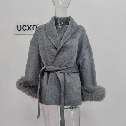 UCXQ Elegant OL Office Lady Overcoats Fur Patchwork Long Sleeve Woolen Coat Beautiful Women's Clothing Jacket Autumn 2025 Winter