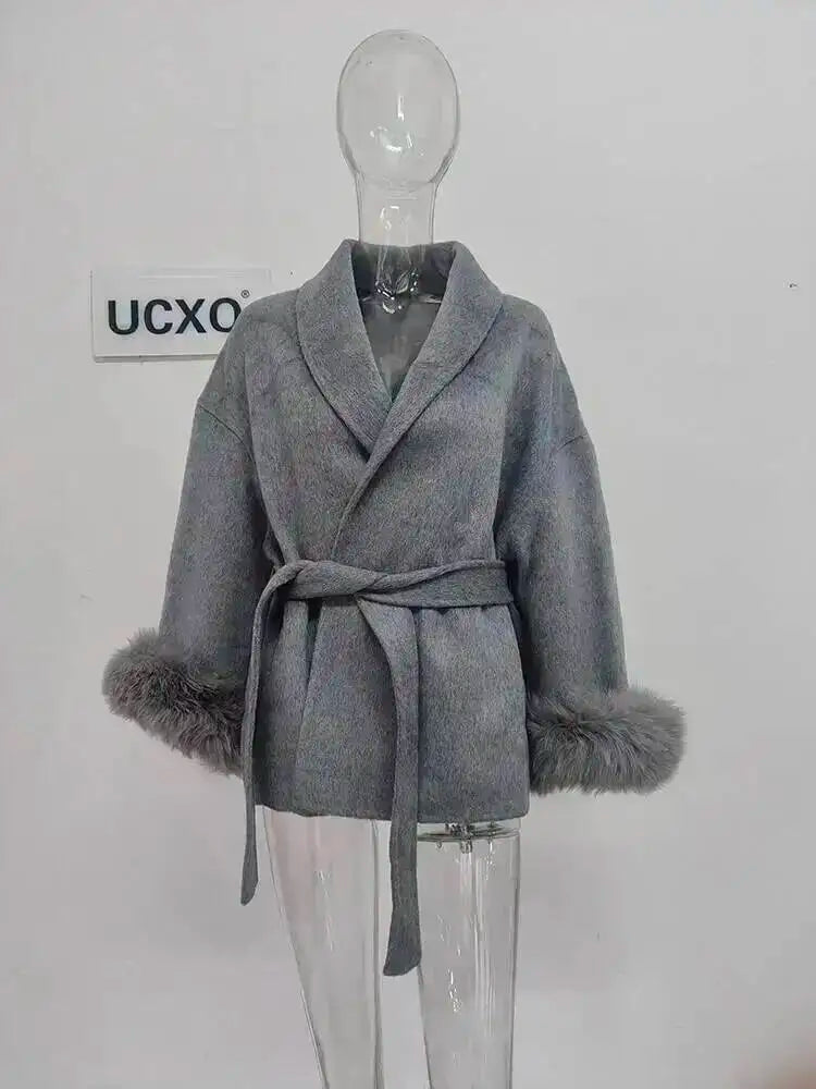 UCXQ Elegant OL Office Lady Overcoats Fur Patchwork Long Sleeve Woolen Coat Beautiful Women's Clothing Jacket Autumn 2025 Winter