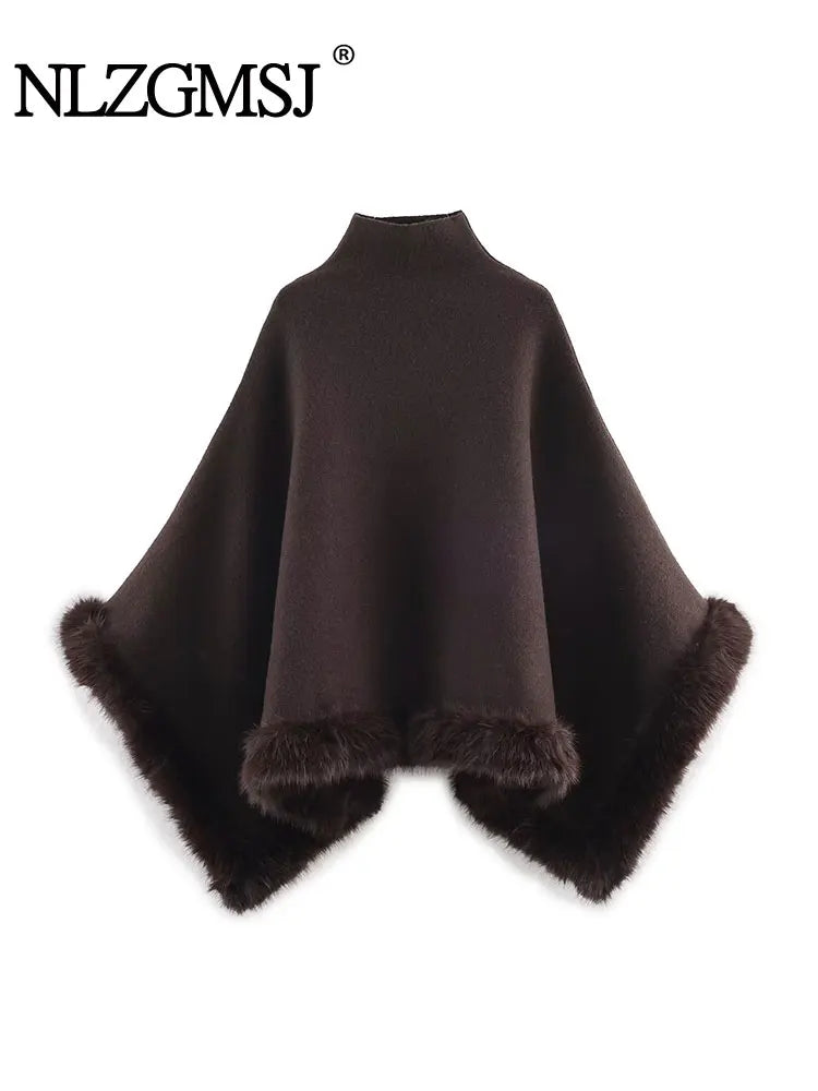 NLZGMSJ Autumn Women Fur Splice Cape Jacket New Fashion Loose Leisure Poncho Coat Elegant Hight Street Women Cloak ﻿Y2K