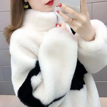 Warm Stand collar Faux fur Winter Jacket Female 2024 New Korean Loose Thick Lamb wool Coat Short Stitching Womens Parkas Outwear