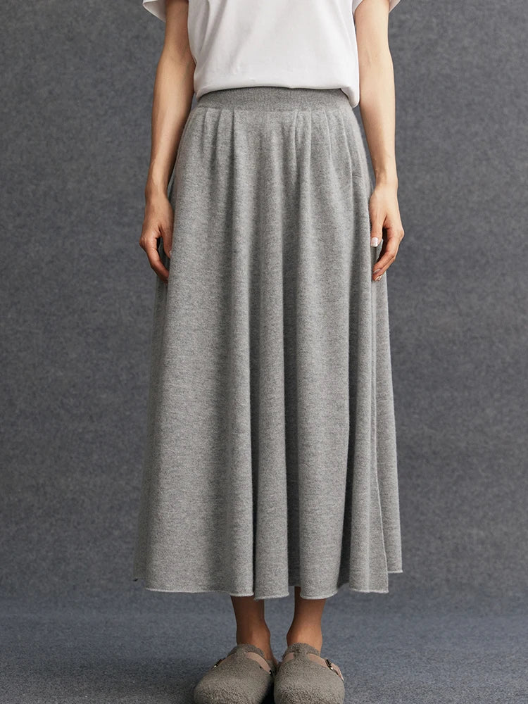 New Women's 100% Pure Cashmere Knitted Full Skirt Autumn Winter High Waisted Mid-calf Ankle-Length Soild Dress Versatile Elegant PlatiNum