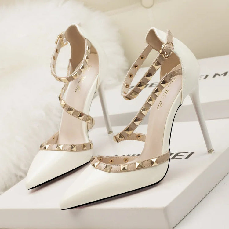 Semplice Sexy discoteca danza tacchi sottili tacchi alti bocca superficiale rivetto a punta sandali Casual vuoti tacchi alti da donna classici platinumshop