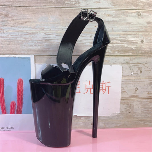26CM Extreme Heel Sandals Black, Patent Leather Platform Heels with Ankle Strap & Chunky Sole, Ultimate Fetish Shoes