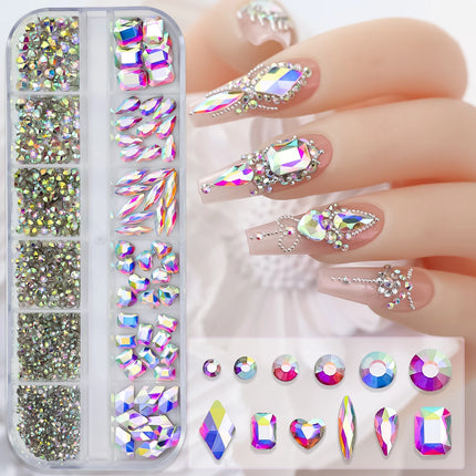 12 Grids Mixed Size Nail Rhinestones SS6 to SS30 Shiny Clear Gold Pink Blue Flat Back Glass Gems for DIY Nail Art Manicure Decoration Supply