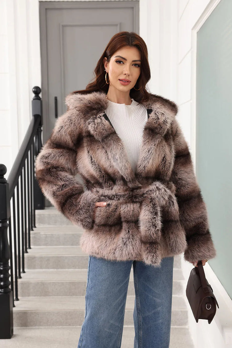 ZADORIN New Stripes Winter Fur Coats Woman Mid Long Hooded Warm Loose Faux Fur Coat For Woman Elegant Belted Fluffy Fur Jacket