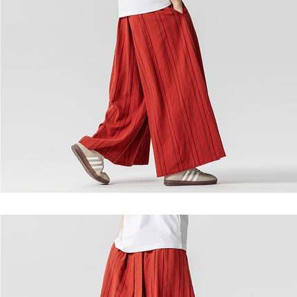 Pantaloni a righe da uomo in cotone e lino, comodi e traspiranti, pantaloni a gamba larga, kimono, samurai giapponese, pantaloni alla moda larghi casual da uomo