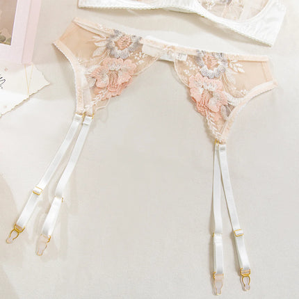 French Style Floral Embroidery Lingerie Set Transparent Hollow Out Bra and Panty Fancy Garter Belt Women Erotic Underwear