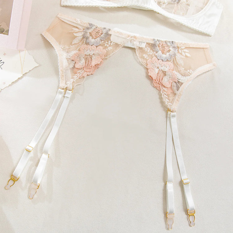French Style Floral Embroidery Lingerie Set Transparent Hollow Out Bra and Panty Fancy Garter Belt Women Erotic Underwear