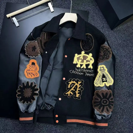American Style Baseball Jacket Men's Loose Fit Casual Fashion Embroidery Unisex Coat Street High Street Hip Hop Trendy