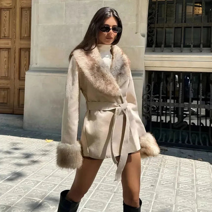 Women Faux Fur Collar Belted Waist Short Coat Elegant Furry Cuff Lapel Wrap Winter Outerwear