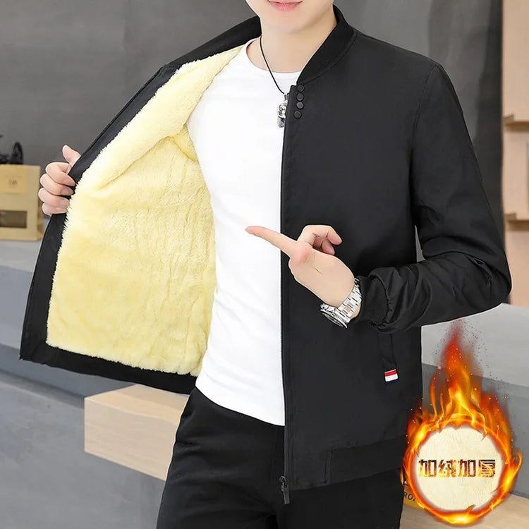 Thickened Fleece Lined Men's Casual Jacket Coat Autumn Winter Outerwear Fashionable Youth Style Zipper Closure Short Length