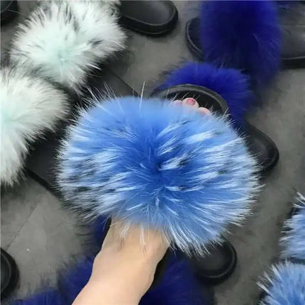 Real Raccoon Fur Slippers for Women 2023 Summer Fluffy Indoor Home Fuzzy Flat Slides Outdoor Fashion Beach Sandals Flip Flops