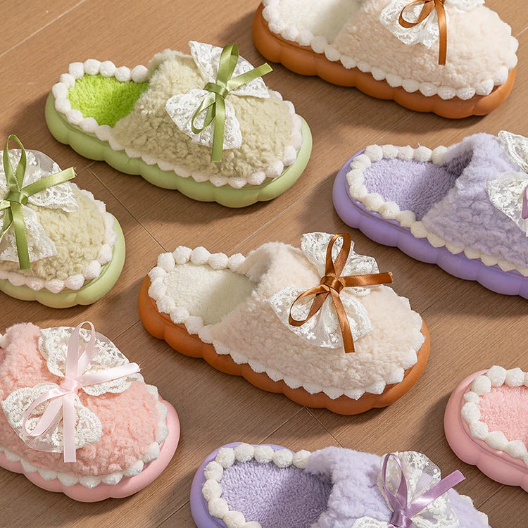 Winter Warm Fur Slippers For Women Thick-Soled Household Slippers Cute Bow Non Slip Soft Home Shoes Indoor Plush Women's Slipper