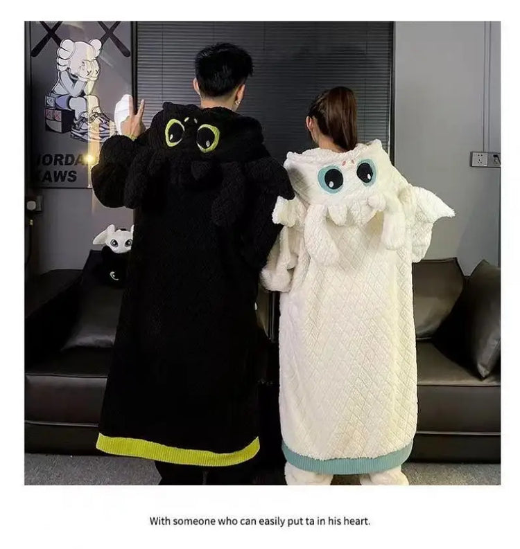 Anime Toothless Boy and Girl Winter Pajama Robe Kawaii Y2K Role-Playing Birthday Gift Thick Coral Velvet Warm Home Clothes Set