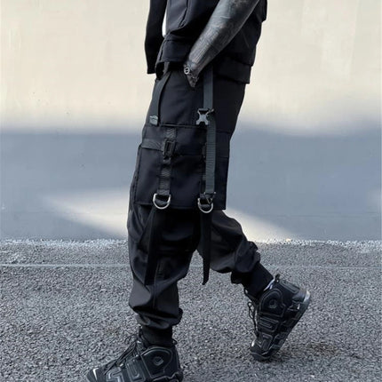 Hip Hop Tactical Cargo Pants Men Multi Pocket Ribbon Design Joggers Trousers 2023 Spring Functional Elastic Waist Pant Black