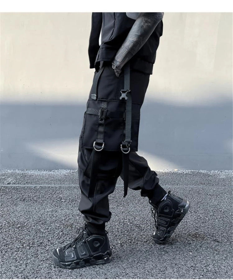 Hip Hop Tactical Cargo Pants Men Multi Pocket Ribbon Design Joggers Trousers 2023 Spring Functional Elastic Waist Pant Black