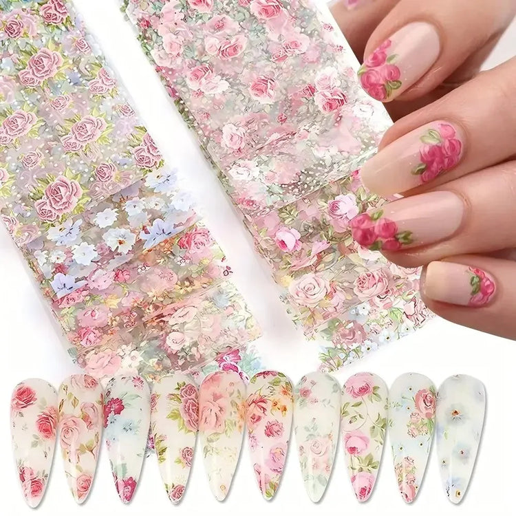 10PCS Mixed Nail Art Foils Transfer Sticker Set Rose Flower Designs Floral Starry Sky Nail Wraps Wedding Summer Manicure Decor 2028