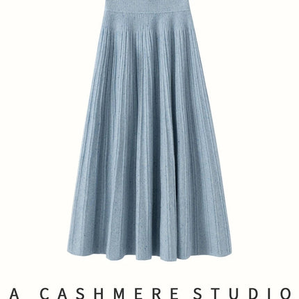 Chic Women's Cashmere Pleated A-line Skirt Autumn Winter 100% Cashmere Knitted Colorful Dots Decoration Elastic Waist Soft Dress PlatiNum