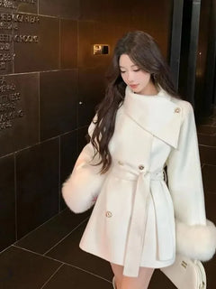 Korean Chic Elegant Double Breasted Fur Cuff Belted Wool Coat Women Slim Fit Winter Warm Casual Daily Party Outwear Blends New
