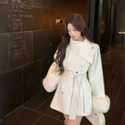 Korean Chic Elegant Double Breasted Fur Cuff Belted Wool Coat Women Slim Fit Winter Warm Casual Daily Party Outwear Blends New