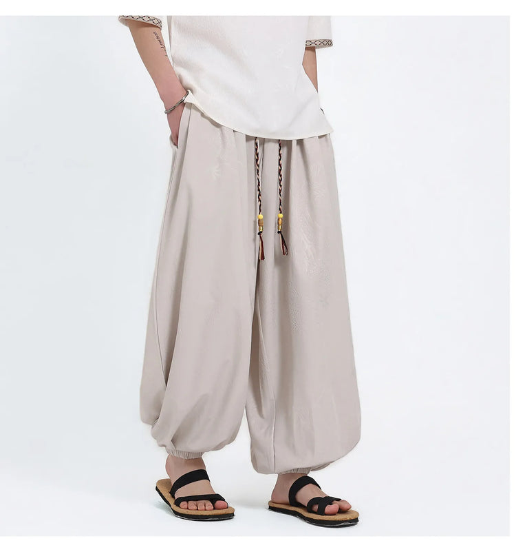 Pantaloni Estivi da Uomo Stile Cinese in Seta Ghiaccio con Motivo Drago Ukiyo-e, Comodi e Trendy, Pantaloni Casual Oversize da Uomo