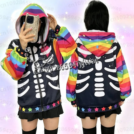 26 Women Winter Halloween Harajuku Japanese Gothic Hip Hop Yami Kawaii Y2k Skull Print Girls Women Zip Hoodies Women Sweatshirt