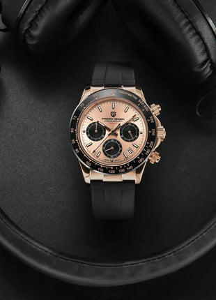 PAGANI DESIGN Cronografo da uomo Orologio da polso al quarzo di lusso in oro rosa 40mm Quadrante blu ghiaccio Vetro zaffiro 100M Impermeabile Cinturino in caucciù Orologio sportivo da uomo per uomo Reloj Hombre+GIFT BOX