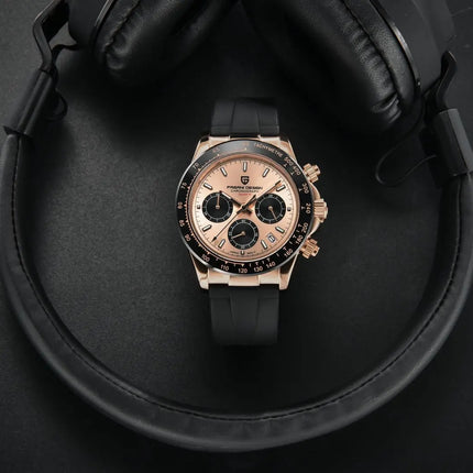 PAGANI DESIGN Cronografo da uomo Orologio da polso al quarzo di lusso in oro rosa 40mm Quadrante blu ghiaccio Vetro zaffiro 100M Impermeabile Cinturino in caucciù Orologio sportivo da uomo per uomo Reloj Hombre+GIFT BOX