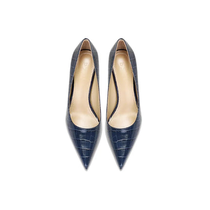 2025 New Blue Crocodile Leather High Heels Women Pointed Toe Stiletto Elegant Office Shoes