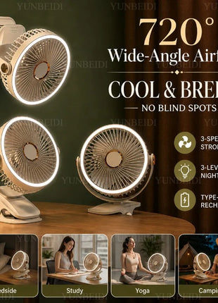 Ventilatore Portatile con Clip e Luci LED, 3 Velocità Regolabili, Silenzioso, da Scrivania, per Casa, Camera da Letto e Campeggio