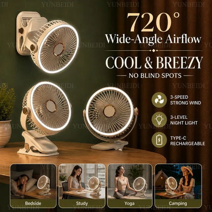 Ventilatore Portatile con Clip e Luci LED, 3 Velocità Regolabili, Silenzioso, da Scrivania, per Casa, Camera da Letto e Campeggio