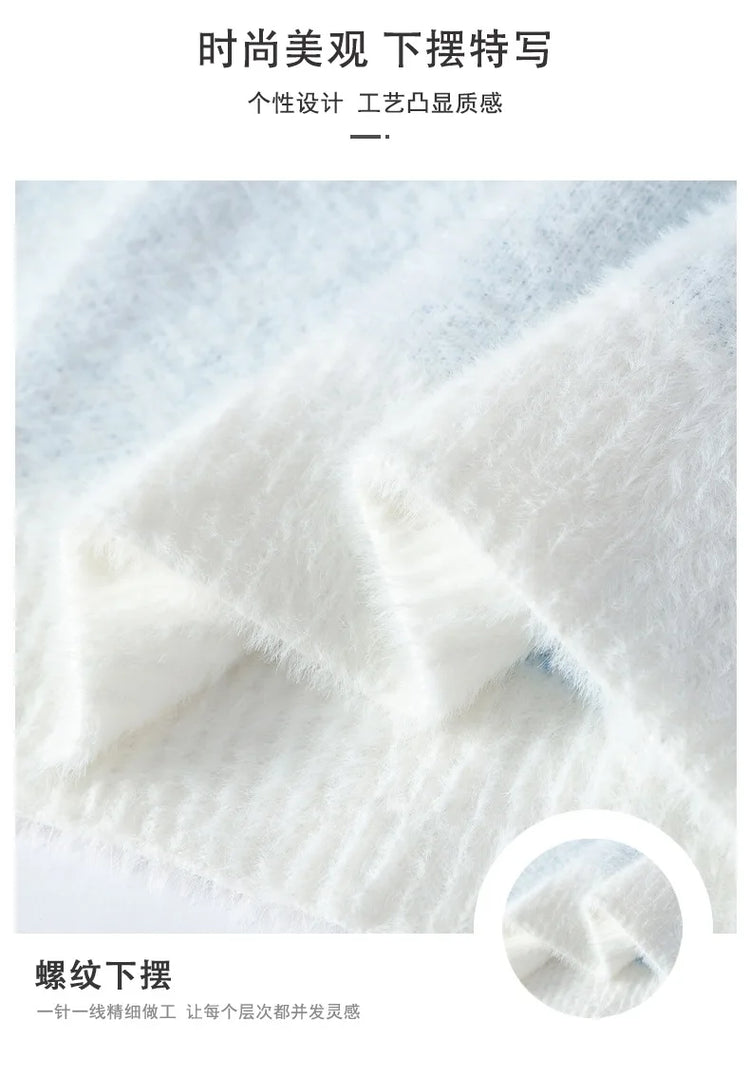 Imitation Mink Sweater for Men's Gradient Knitted Sweater for Couples Round Neck Thickened Warm Casual Pullover