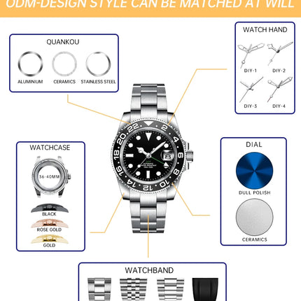 Custom Logo Diy 36/39MM Dial Automatic Mechanical Watches For Man Week Date Type Sapphire Luxury Waterproof Diving Man Watches
