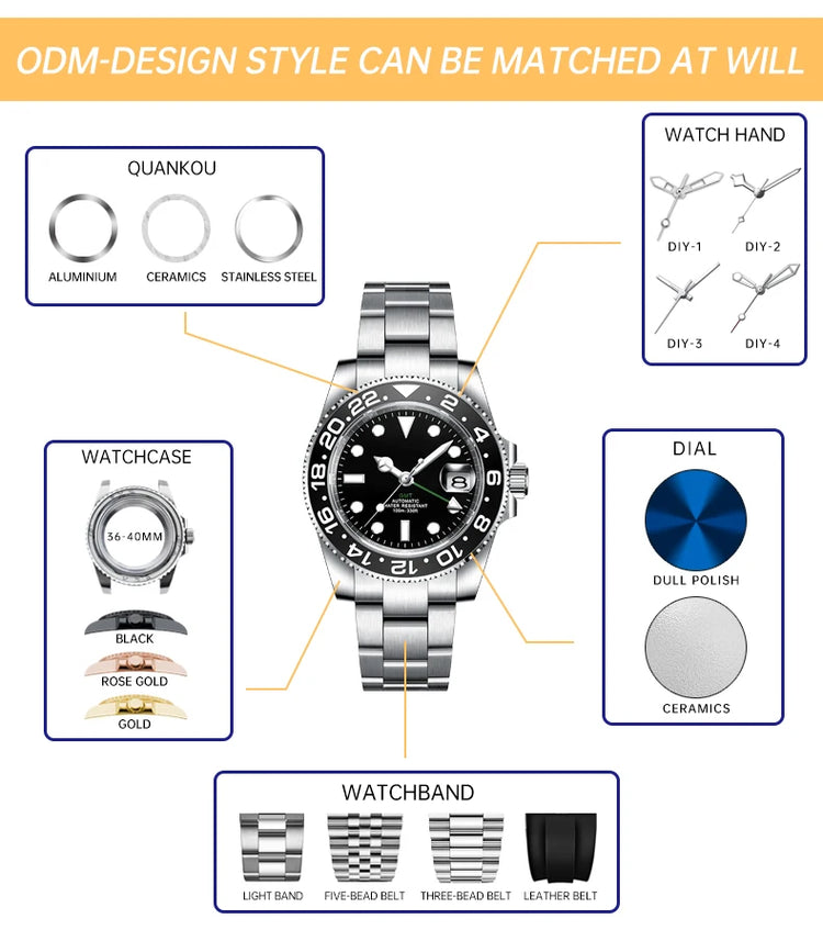 Custom Logo Diy 36/39MM Dial Automatic Mechanical Watches For Man Week Date Type Sapphire Luxury Waterproof Diving Man Watches