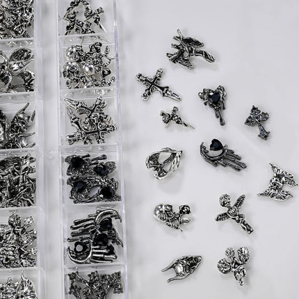 12Grid 3D Halloween Punk Retro Alloy Cross Nail Charms Y2k Gothic Metal Gun Black Silver Skull,Cross Nail Art DIY Cool Nail Part