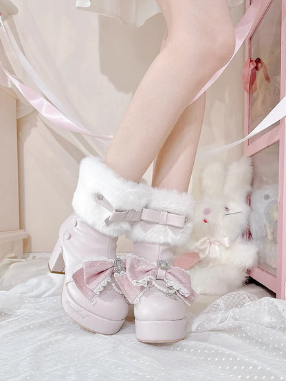 Original Japanese Sweet Cute Style Versatile Bow High Heel Boots Autumn Winter Mass-Produced Rhinestones Fur Short Boots