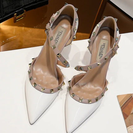 【Misurati la lunghezza dei piedi prima di ordinare】Sandalo da donna con tacco alto e sottile, con rivetti e punta a punta, scarpa elegante da festa 118-CHC-33