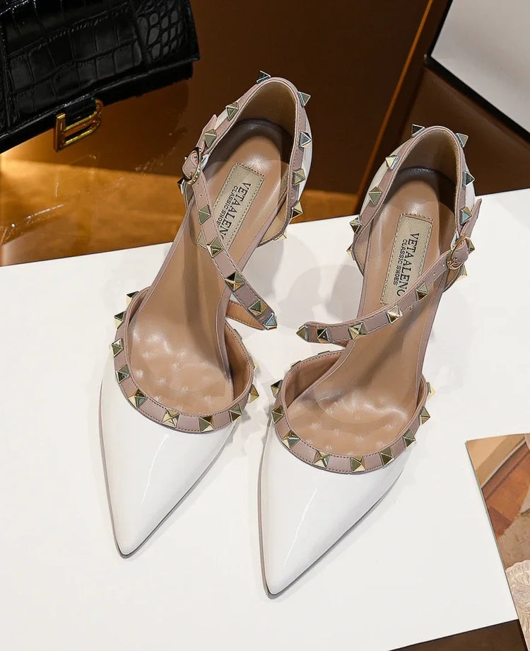 【Misurati la lunghezza dei piedi prima di ordinare】Sandalo da donna con tacco alto e sottile, con rivetti e punta a punta, scarpa elegante da festa 118-CHC-33