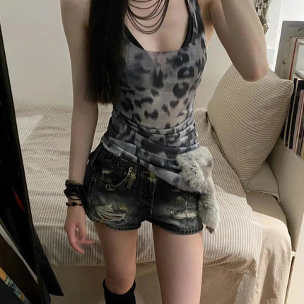 Y2K American Retro Short Denim Shorts Women Casual Rivet Sexy Streetwear Bodycon Gothic Punk Style Zipper Solid Color Summer PlatiNum